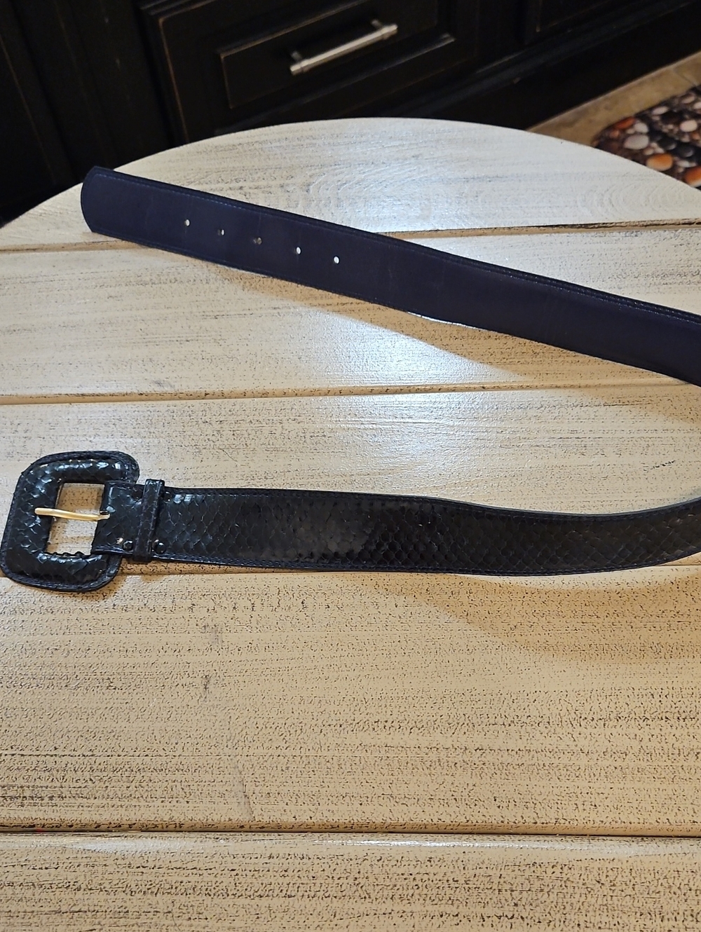 Women's Black Textured Belt with Decorative Square Buckle